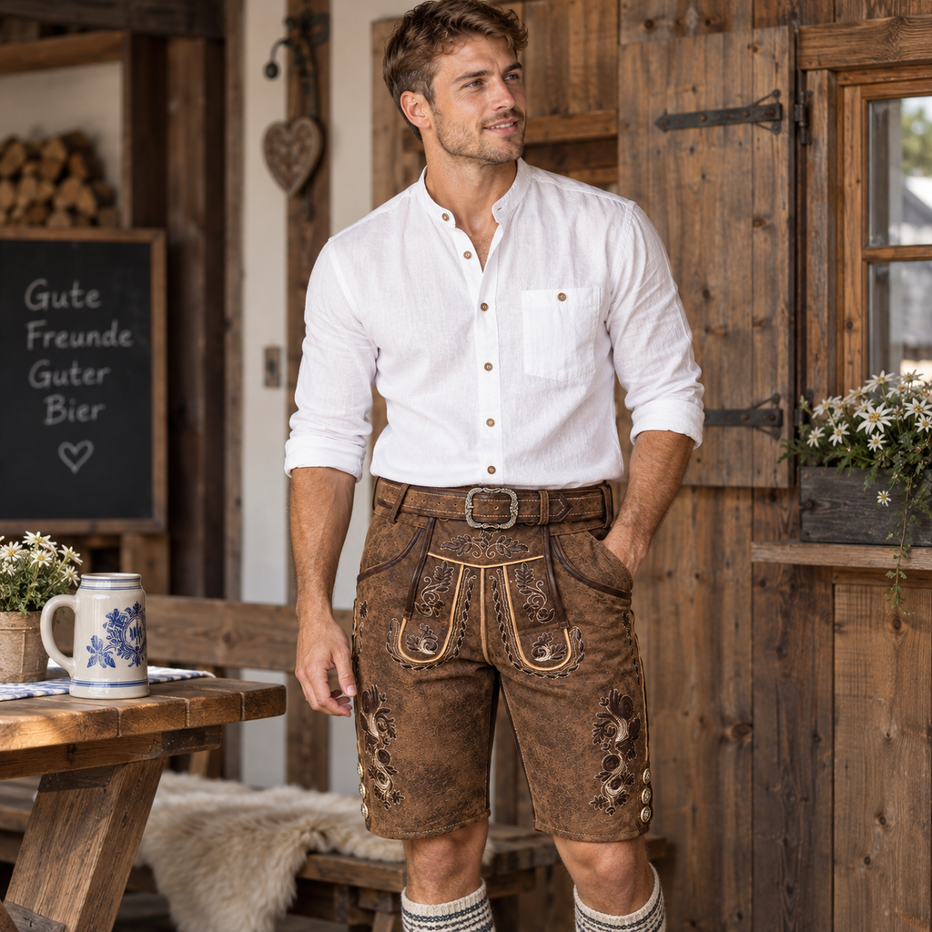 Herren Lederhose aus Echtleder | Regular Fit & Dekorative Stickerei | Bayerisch Inspiriert für Oktoberfest & Volksfeste | Schmid