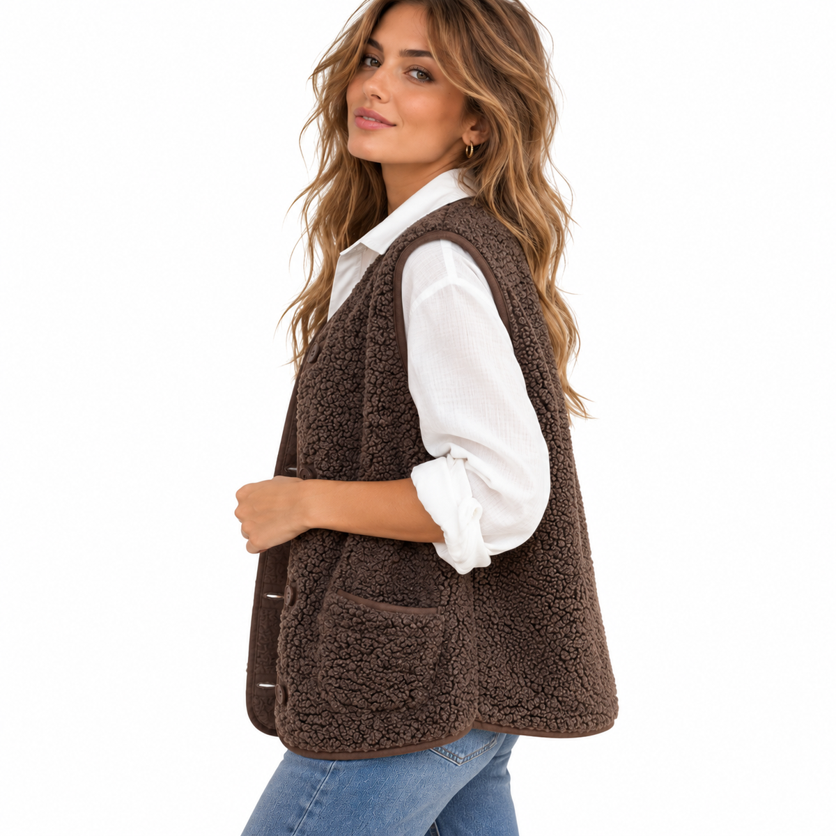Damen Weste aus Wolle & Baumwolle | Regular Fit & Knopfleiste | Ärmellose Weste mit Vordertaschen für Lagenlooks | Schmid