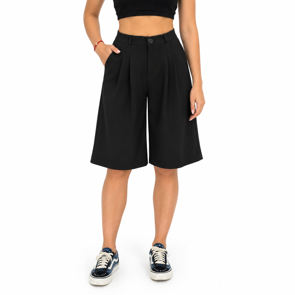 Damen Hose mit Hoher Taille | Lockere Passform, Weites Bein & Falten | Einfarbige Hose mit Taschen, Elastischem Rücken & Reißverschluss | Schmid