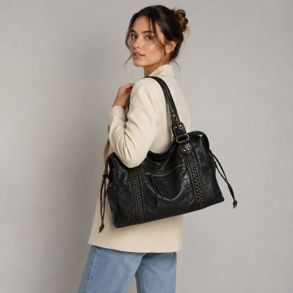 Schwarze Damen-Schultertasche | Kunstleder mit Reißverschlussfach Vorne | Doppelhenkel & Langer Schulterriemen für den Alltag | Schmid