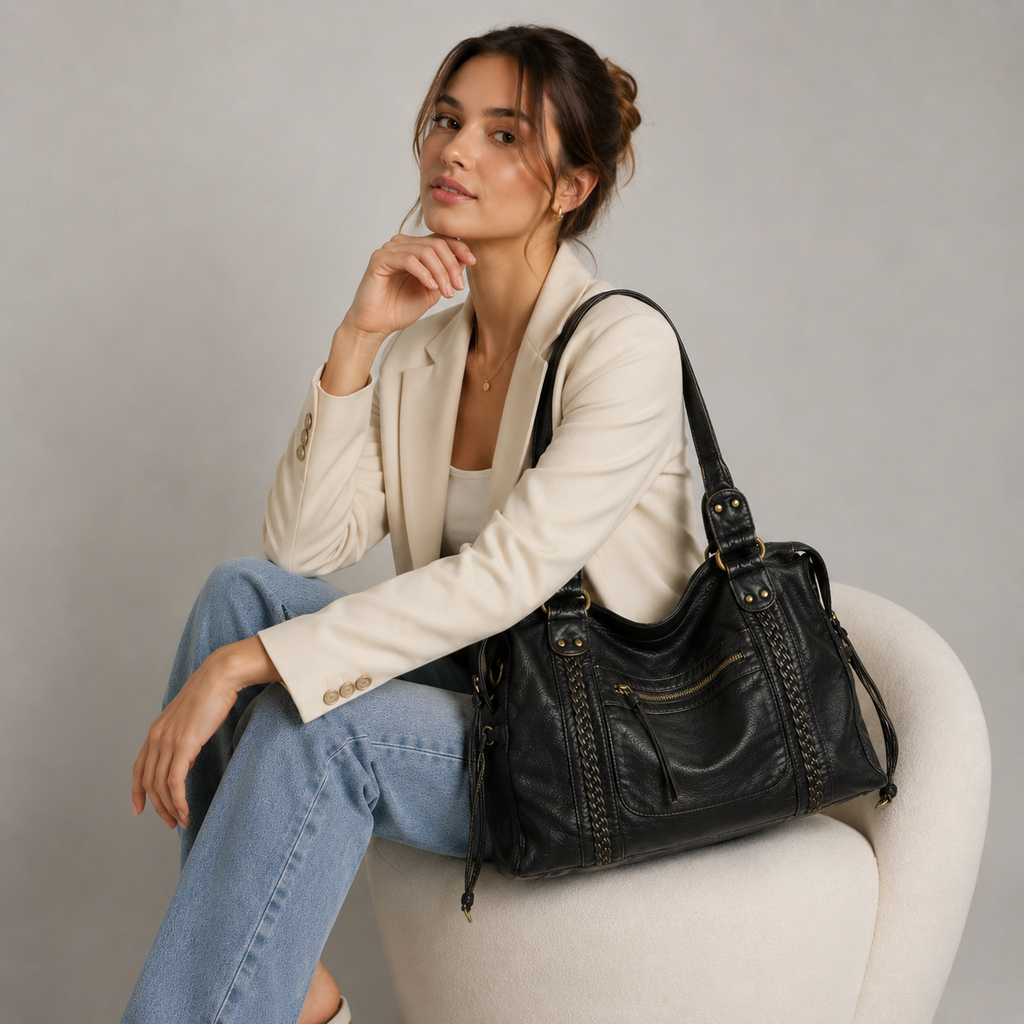 Schwarze Damen-Schultertasche | Kunstleder mit Reißverschlussfach Vorne | Doppelhenkel & Langer Schulterriemen für den Alltag | Schmid