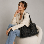 Schwarze Damen-Schultertasche | Kunstleder mit Reißverschlussfach Vorne | Doppelhenkel & Langer Schulterriemen für den Alltag | Schmid