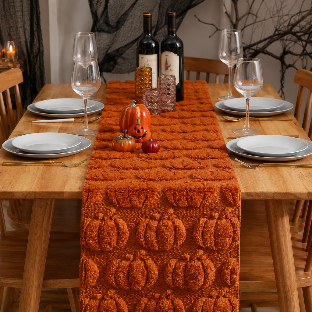 Halloween-Tischläufer | Erhöhtes 3D-ähnliches Geister- oder Kürbismotiv | Saisonale Tischdekoration für Esstische & Buffets | Schmid