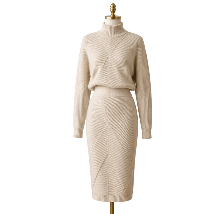 Damen 2-Teiliges Strickset aus Baumwollmischung | Hoher Rollkragenpullover & Passende Hose | Outfit für Alltag, Herbst & Winter | Schmid