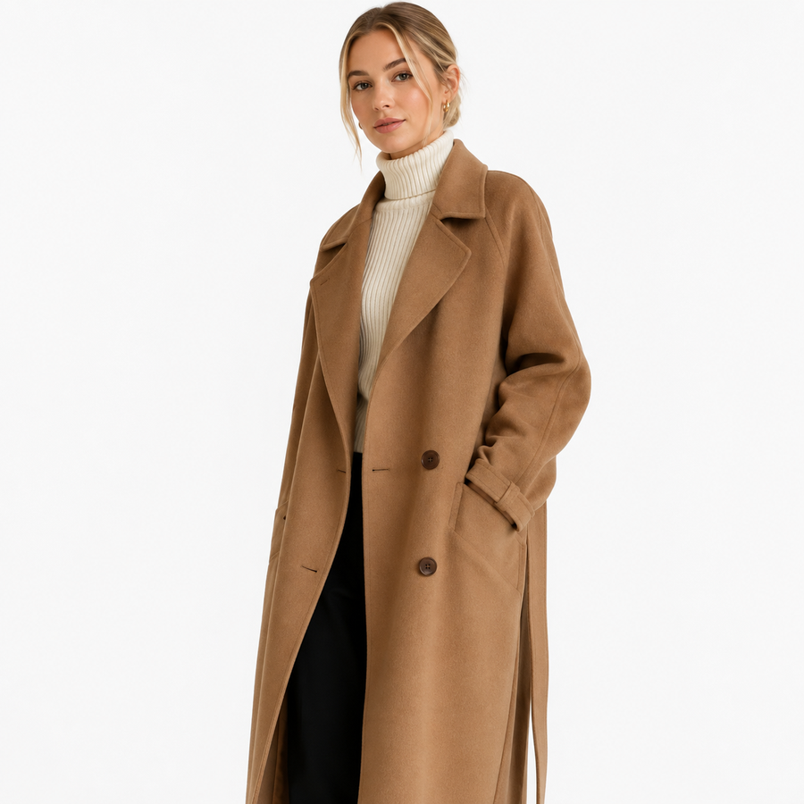 Damen Wollmantel | Doppelreihige Front & Taillengürtel | Langer Mantel mit Langarm für Alltag & Layering im Herbst und Winter | Schmid