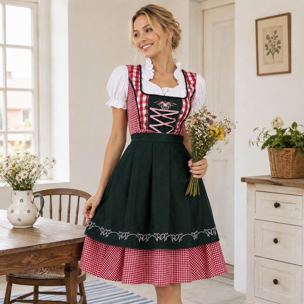 Damen Dirndl-Set aus Mischgewebe | Reguläre Passform & Karierte Träger | Schürzen-Outfit mit Schnüroberteil für Oktoberfest & Partys | Schmid