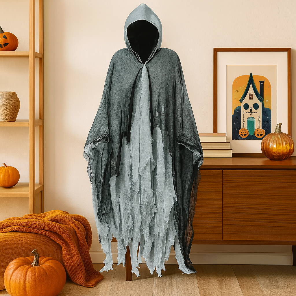 Halloween-Skelett-Kapuzenumhang | Polyblendstoff & Ausgefranste Kanten | Skelettdruck-Kostümumhang für Halloween & Cosplay | Schmid