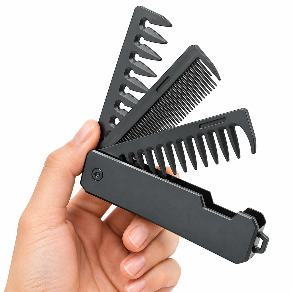 3-in-1 Klappkamm für Haar & Bart | Austauschbare Feine & Breite Zähne | Kompaktes Grooming-Werkzeug für Zuhause & Reisen | Schmid