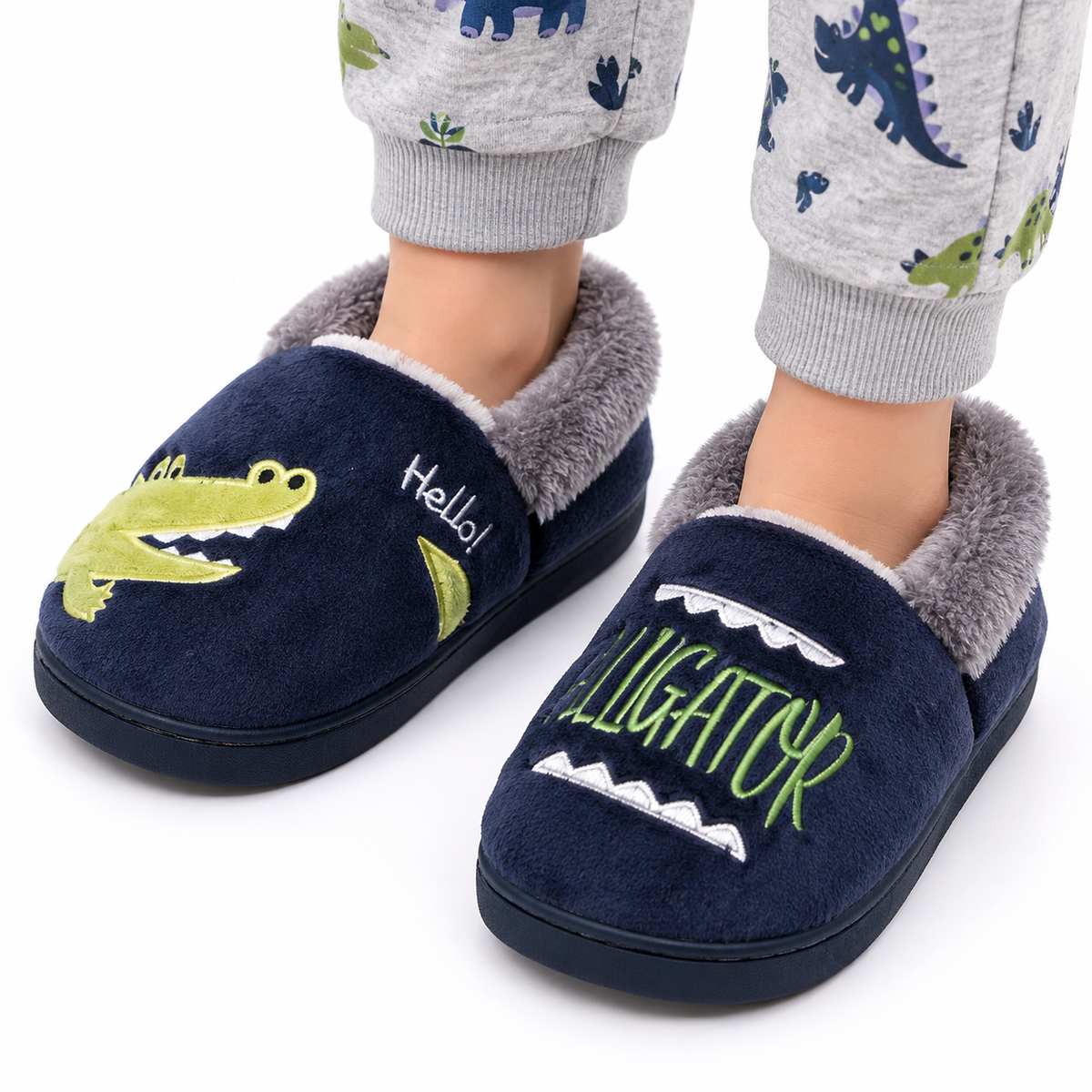 Gefütterte Kinderhausschuhe | Baumwolle, Plüsch & Kunstfellfutter | Slip-On Hausschuhe mit Gummisohle für Innen | Schmid