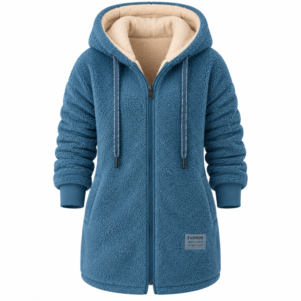Damen Lange Fleecejacke | Gefütterte Kapuze mit Kordelzug & Frontreißverschluss | Strukturierte Freizeitjacke mit Taschen | Schmid
