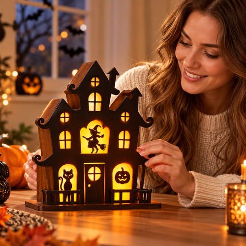 3D Halloween Spukhaus-Dekoration | Integrierte Warme LED-Beleuchtung | Batteriebetriebene Saisonale Innendekoration | Schmid