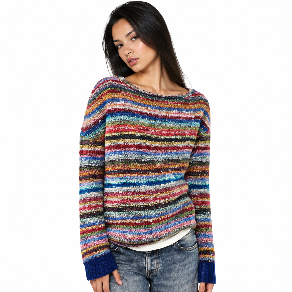 Damen Baumwoll-Strickpullover | Gestreiftes Retro-Design & Bootsausschnitt | Pullover für Alltag & Büro | Schmid