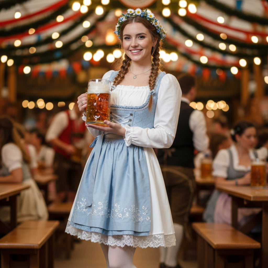 Damen Traditionelles Kleid aus Baumwolle | Puffärmel & Verstellbare Taillenschnürung | Festkleid für Oktoberfest & Kulturveranstaltungen | Schmid