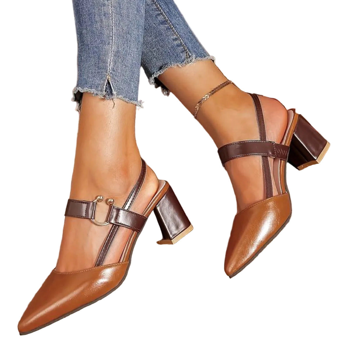 Damen - Slingback Pumps Schuhe mit Blockabsatz und spitzer Form