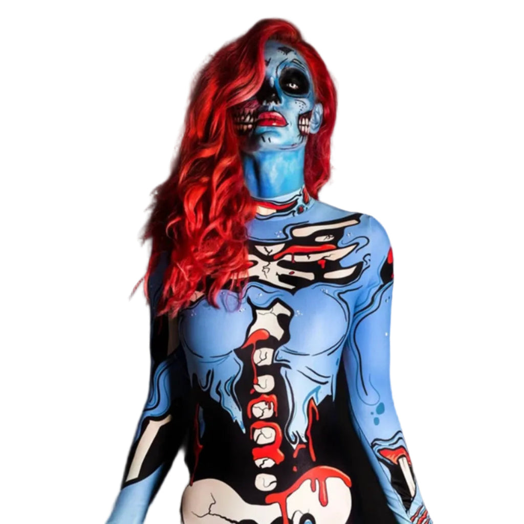 Skeletkostume til Kvinder | Elastisk Polyesterpasform | Farverigt Heldækkende Print til Halloween, Karneval & Kostumefester | Vanero