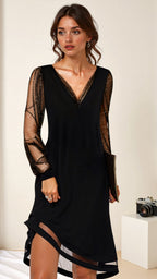 Damen Sommerkleid Langarm mit V-Ausschnitt – Langes Kleid