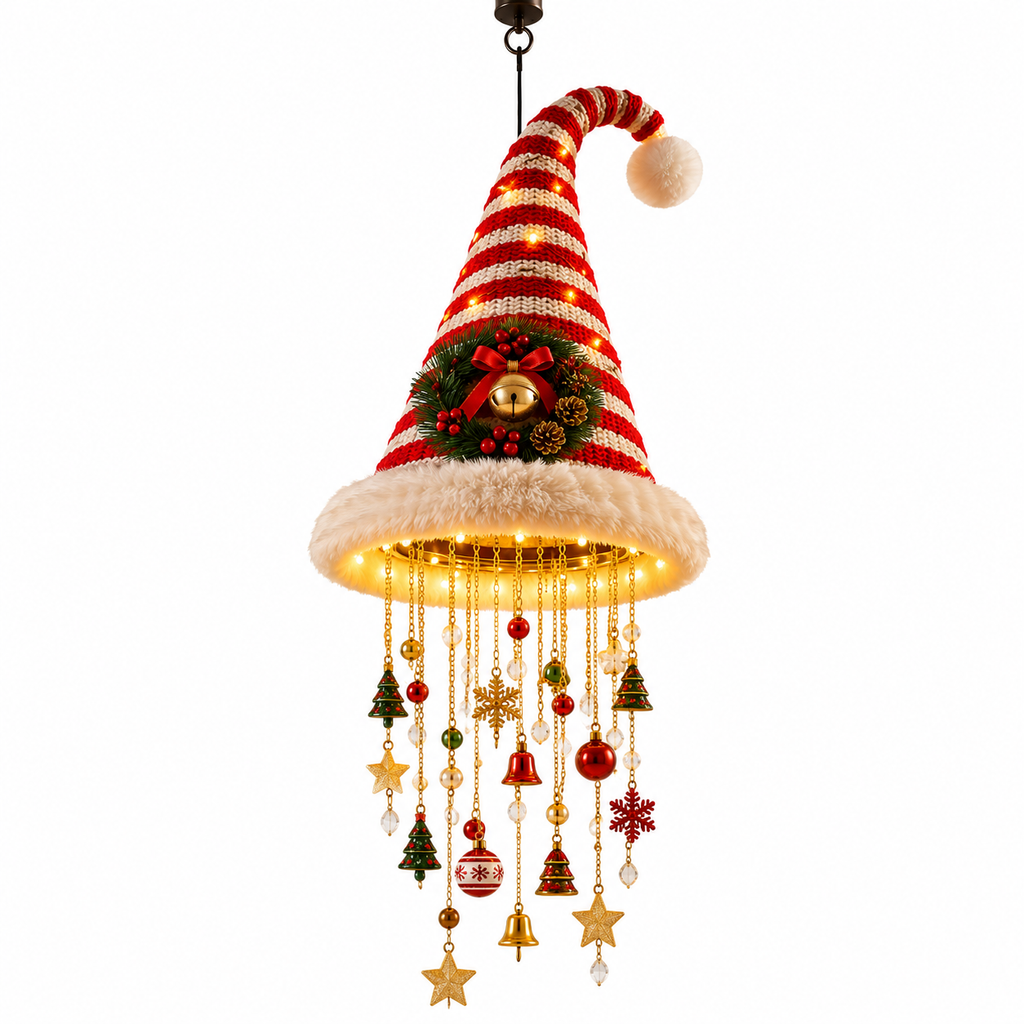 Hängende Weihnachtsmützen-Dekoration | Textil & Kunststoff mit Warmen LED-Lichtern | 60 cm Weihnachtsdeko für Innen & Überdachte Außenbereiche | Schmid