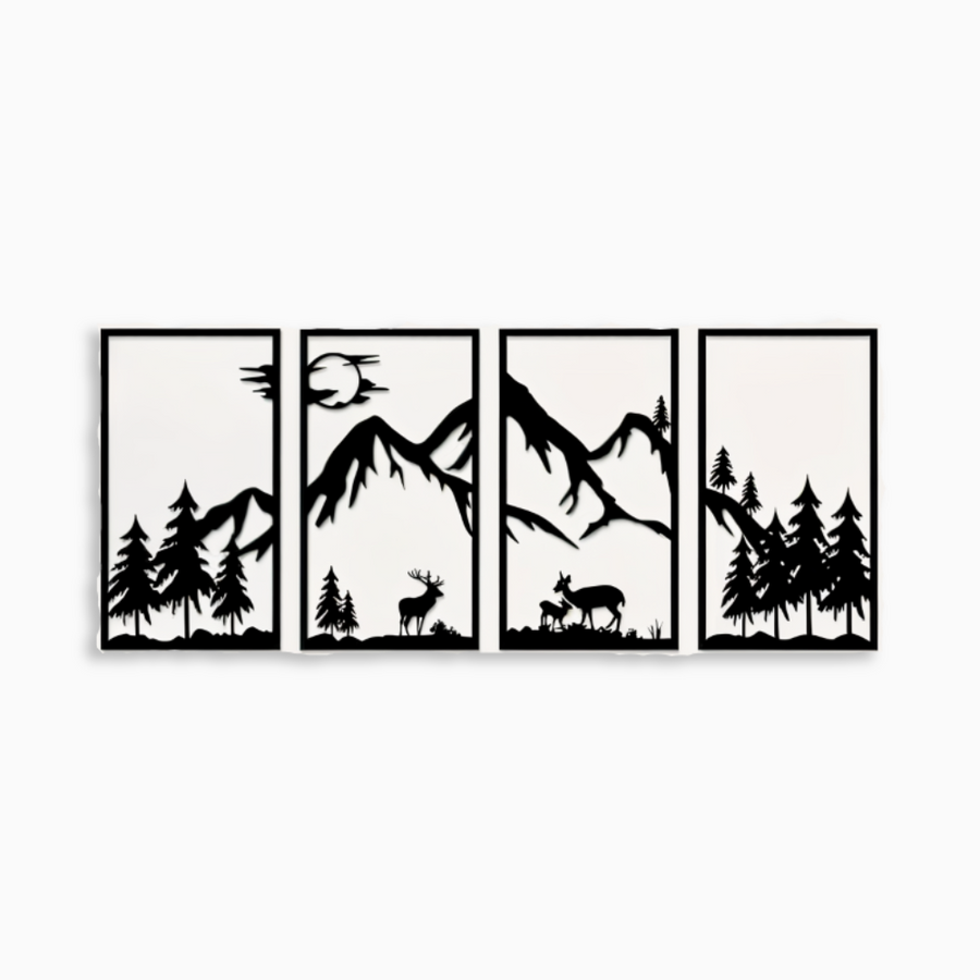 Metall-Wandkunst „ForestPeaks“ – 4-teiliges Bergmotiv-Dekor