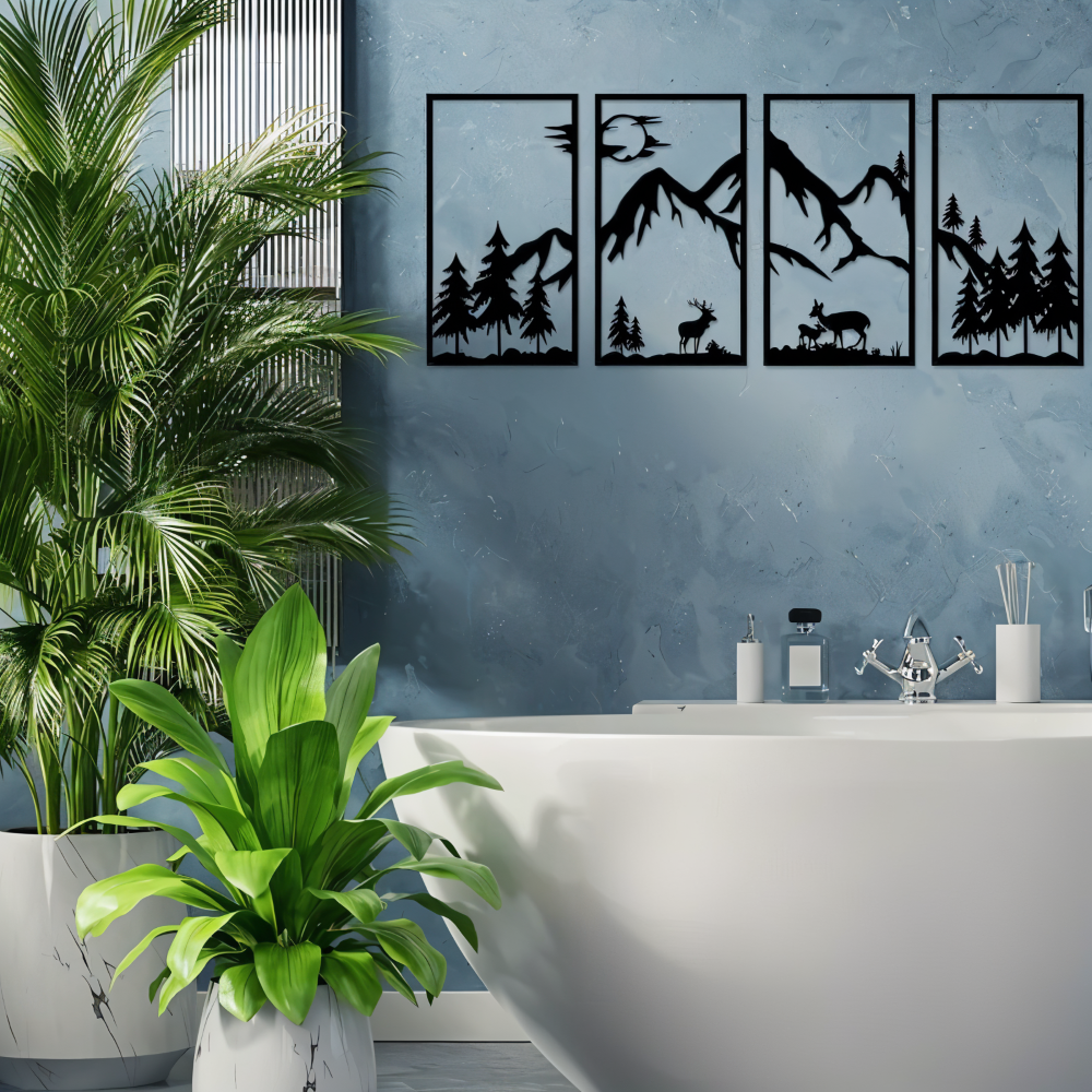 Metall-Wandkunst „ForestPeaks“ – 4-teiliges Bergmotiv-Dekor