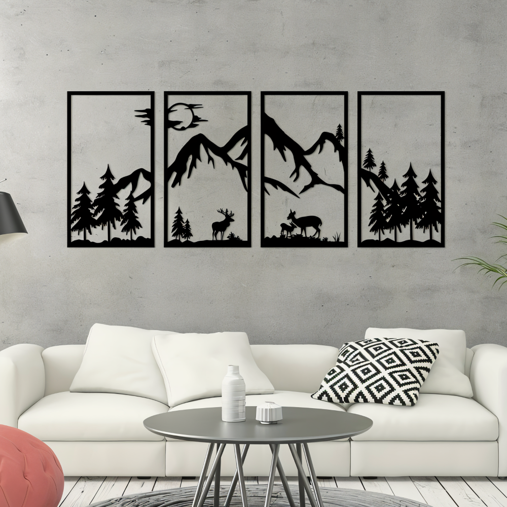 Metall-Wandkunst „ForestPeaks“ – 4-teiliges Bergmotiv-Dekor