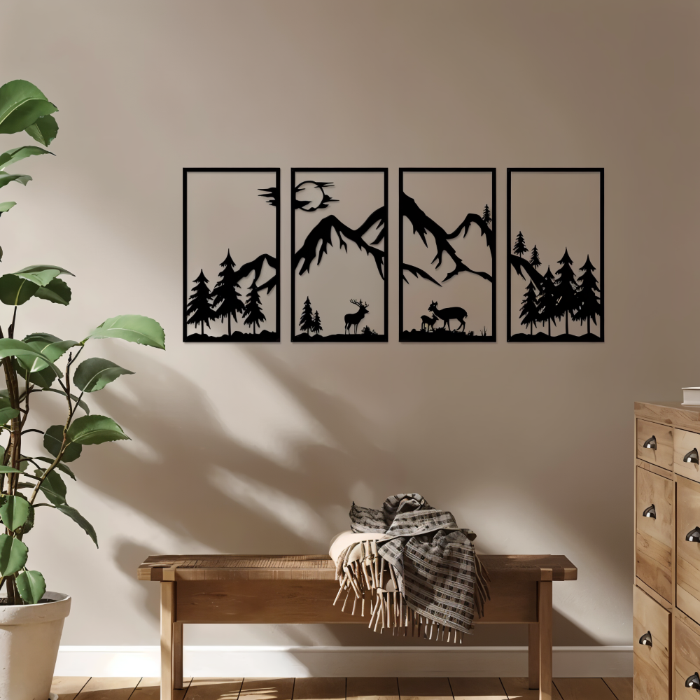 Metall-Wandkunst „ForestPeaks“ – 4-teiliges Bergmotiv-Dekor