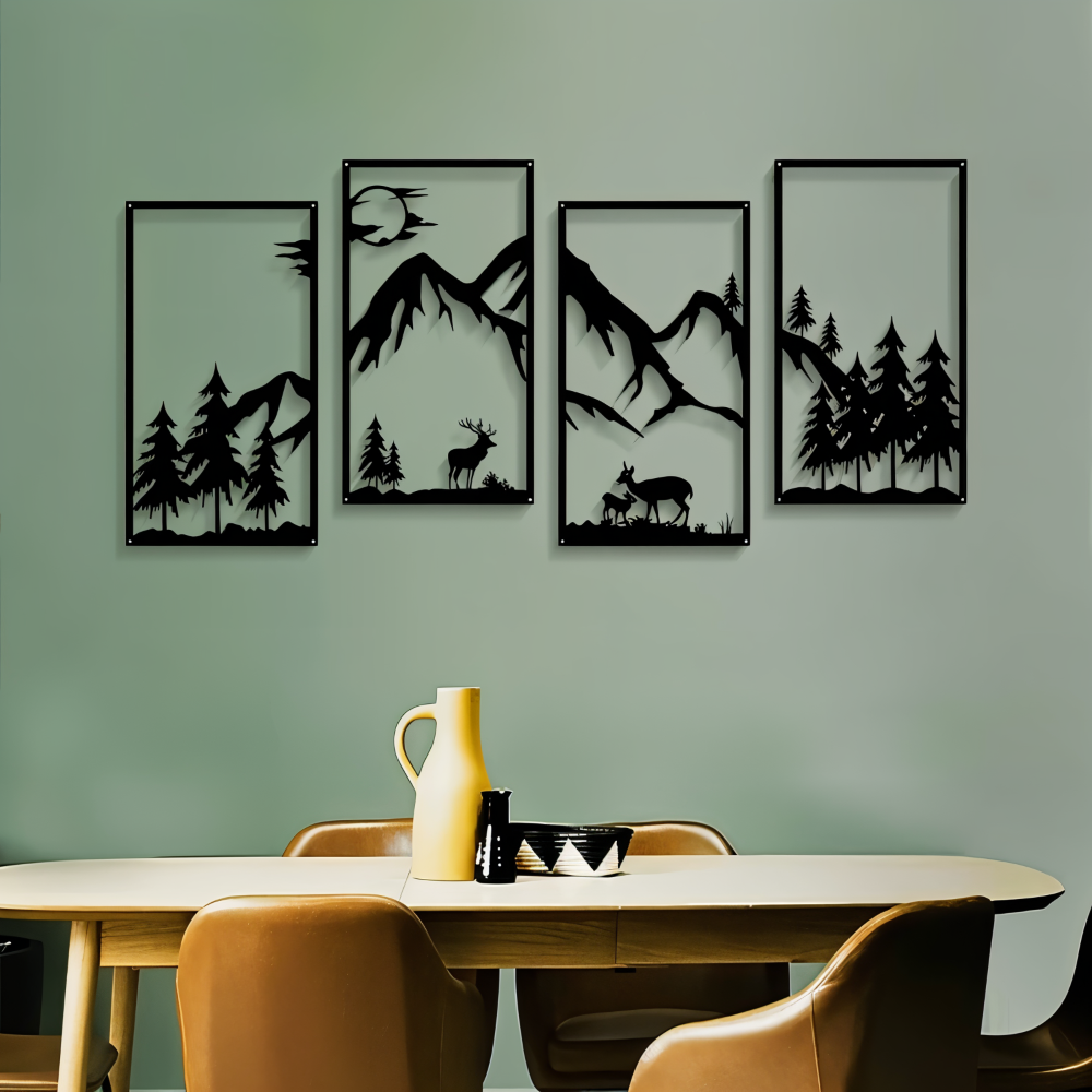 Metall-Wandkunst „ForestPeaks“ – 4-teiliges Bergmotiv-Dekor