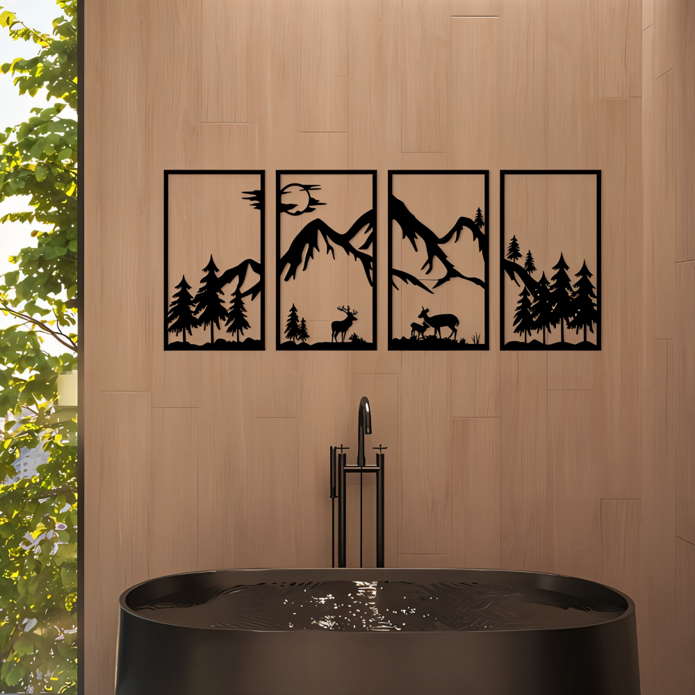 Metall-Wandkunst „ForestPeaks“ – 4-teiliges Bergmotiv-Dekor