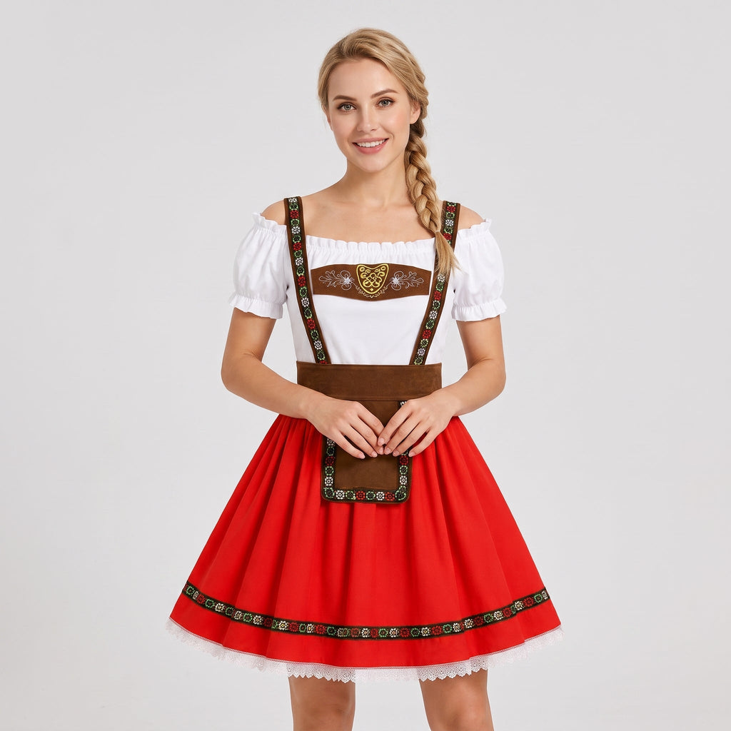 Damen Dirndl-Kleid aus Polyester | Carmen-Ausschnitt & Puffärmel | Spitzen- & Goldfarbene Details für Oktoberfest & Themenpartys | Schmid