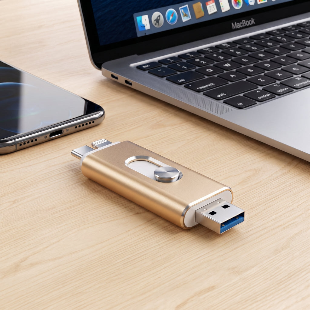 3-in-1 USB-Stick | USB 3.0 & Type-C-Anschlüsse mit OTG-Adapter | Faltbares Metallgehäuse zur Dateispeicherung & Übertragung | Schmid
