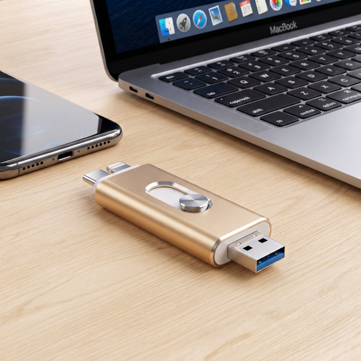 3-in-1 USB-Stick | USB 3.0 & Type-C-Anschlüsse mit OTG-Adapter | Faltbares Metallgehäuse zur Dateispeicherung & Übertragung | Schmid