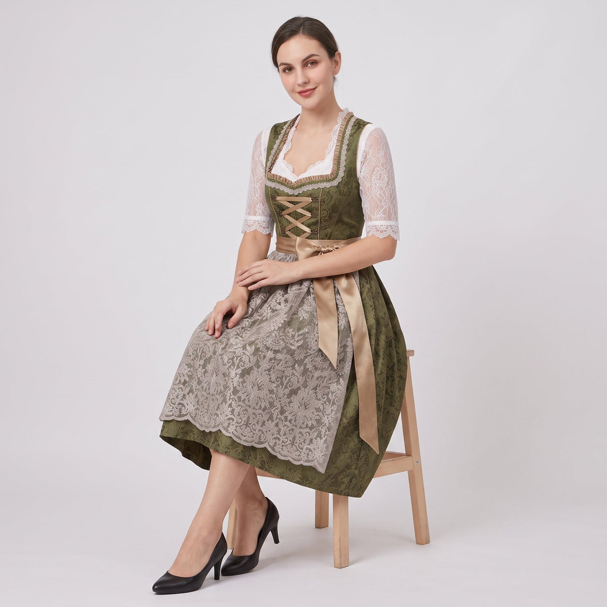 Damen Dirndl-Kleid aus Baumwollmischung | Figurbetontes Mieder & Blumenschleife | Knielanges Festkleid für Oktoberfest | Schmid