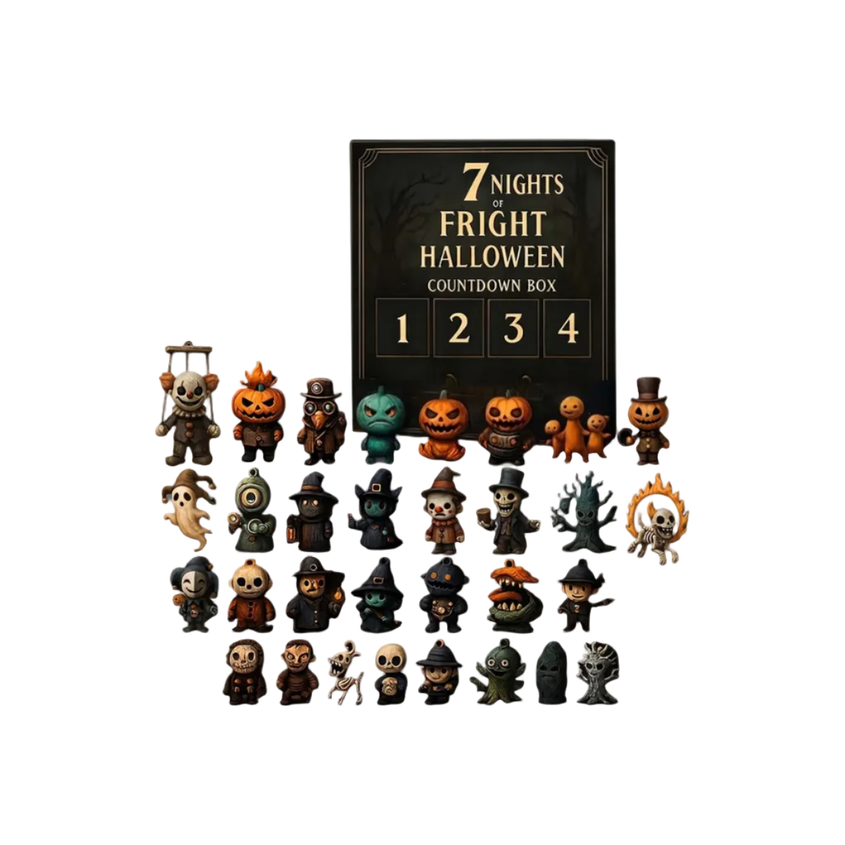 Halloween Countdown Box PVC-Mix | 31 Mini Figuren & Dekorationen | 30 × 24 × 2,8 cm Saisonales Countdown-Set | Schmid