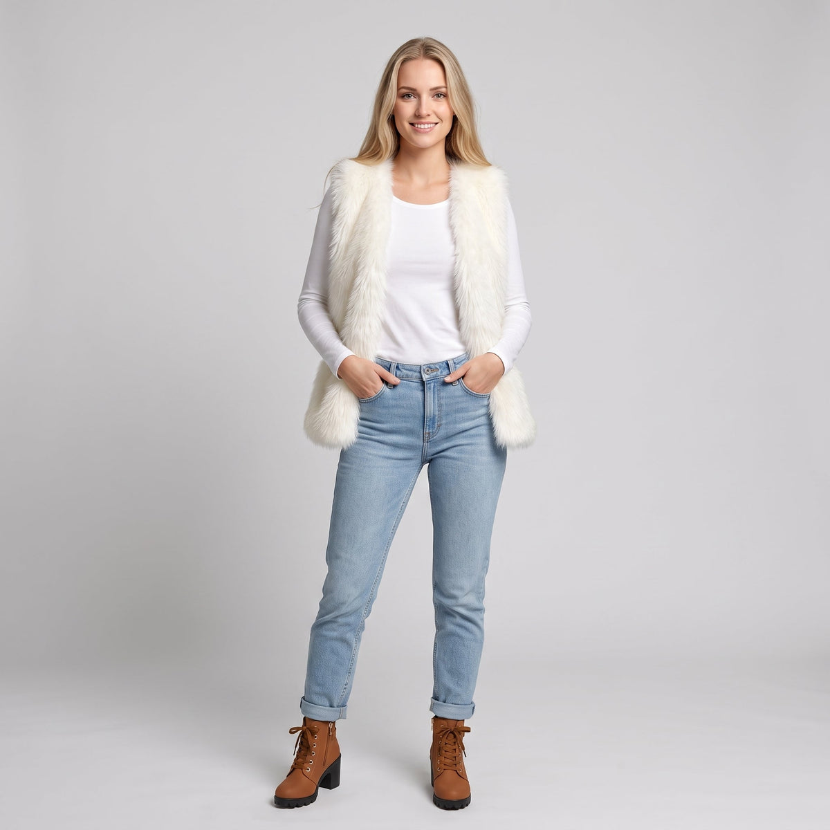 Damen Kunstpelzweste aus Polyester | Lockere Passform & Offene Front | Ärmellose Weste für Herbst- & Winter-Lagenlooks | Schmid