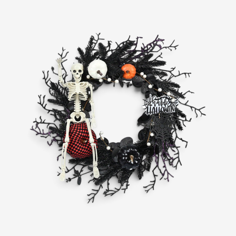 Halloween Kranz aus Kunststoff | Hängendes Skelett- und Kürbisdesign | Tür- & Wanddekoration für Innen und Überdachte Außenbereiche | Schmid
