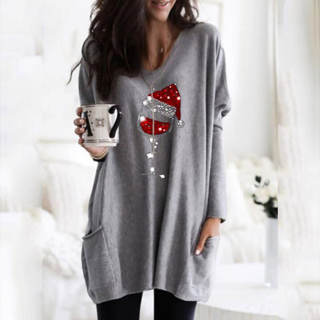 Damen Weihnachts Wein Grafik Sweatshirt – Lässiger Feiertagspullover Mit Festlichem Motiv
