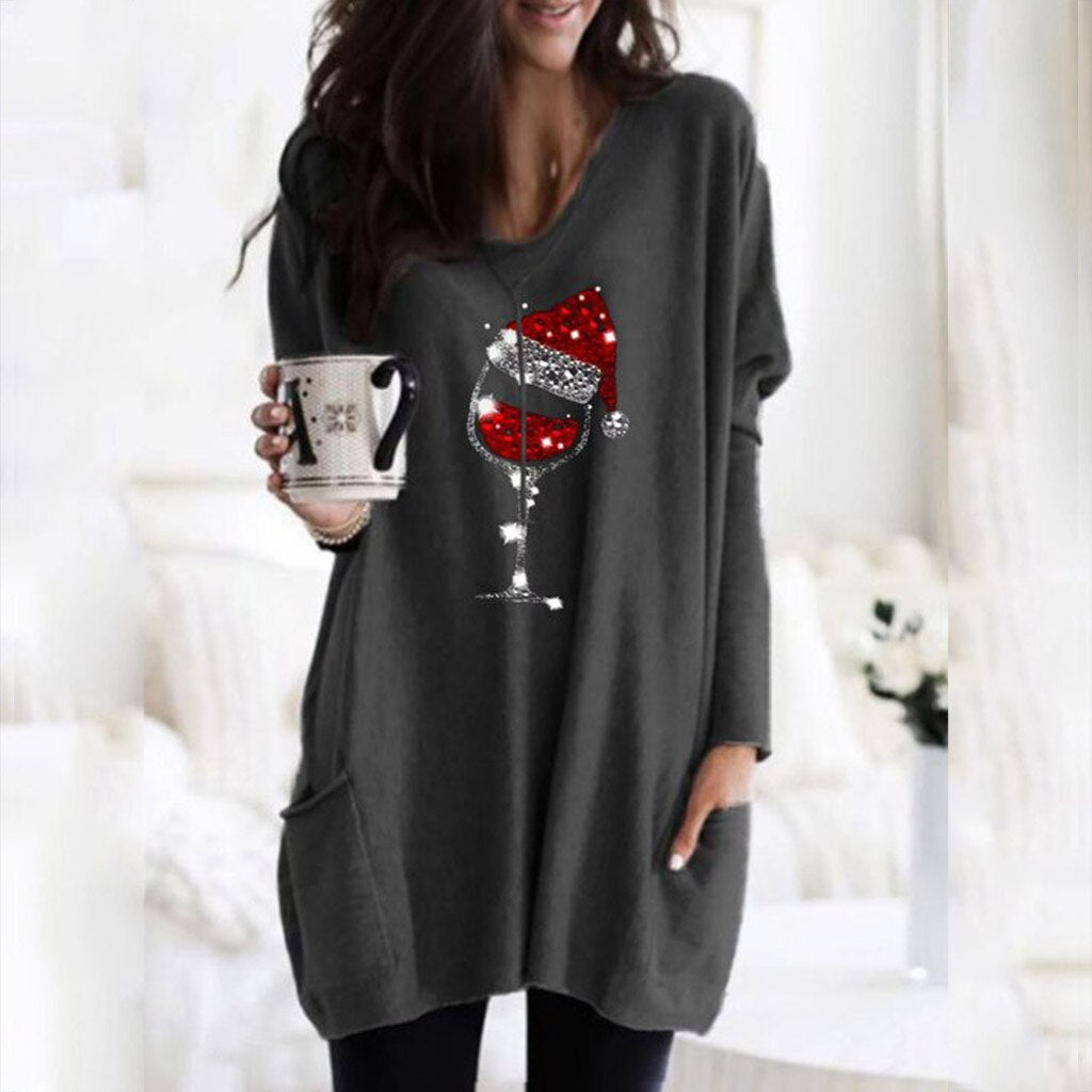 Damen Weihnachts Wein Grafik Sweatshirt – Lässiger Feiertagspullover Mit Festlichem Motiv