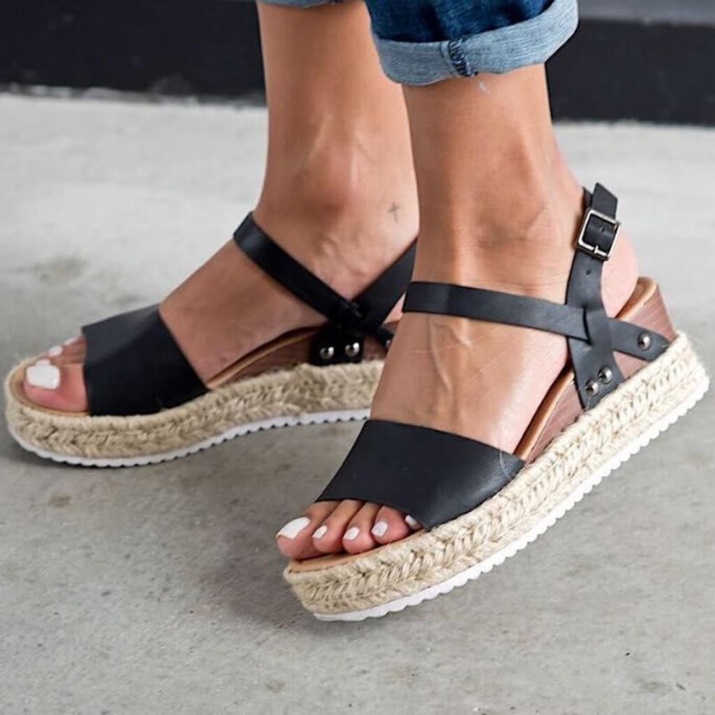 Damen Sommerschuhe Mit Plateau – Sandalen Aus Kunstvelours Mit Verstellbaren Knöchelriemen