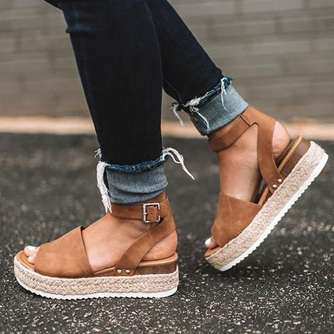 Damen Sommerschuhe Mit Plateau – Sandalen Aus Kunstvelours Mit Verstellbaren Knöchelriemen