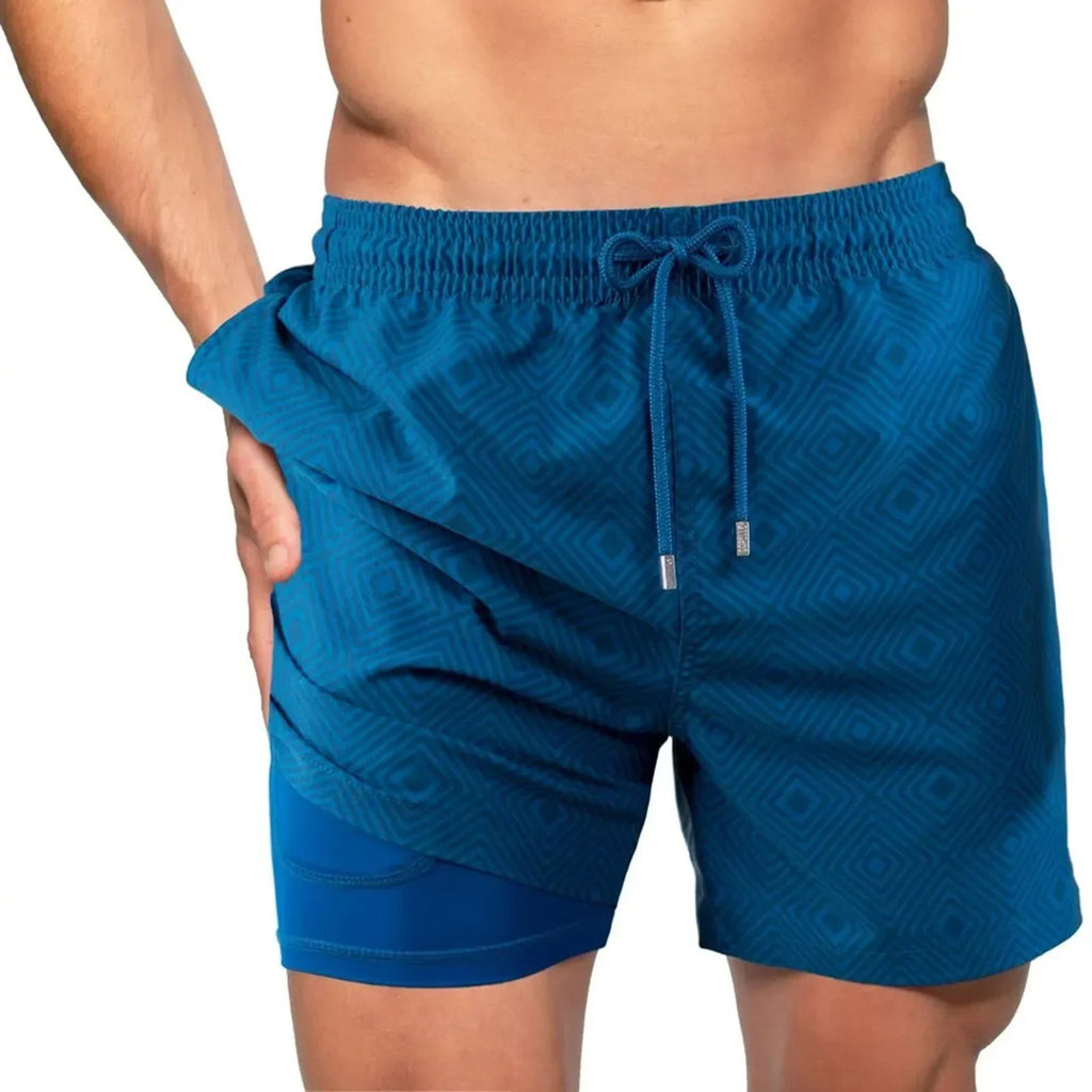 Herren 2-in-1 Badeshorts | Schnell Trocknende Badehose mit Kompressionsinnenhose und Reißverschlusstaschen | Schwimmen und Freizeit | Schmid