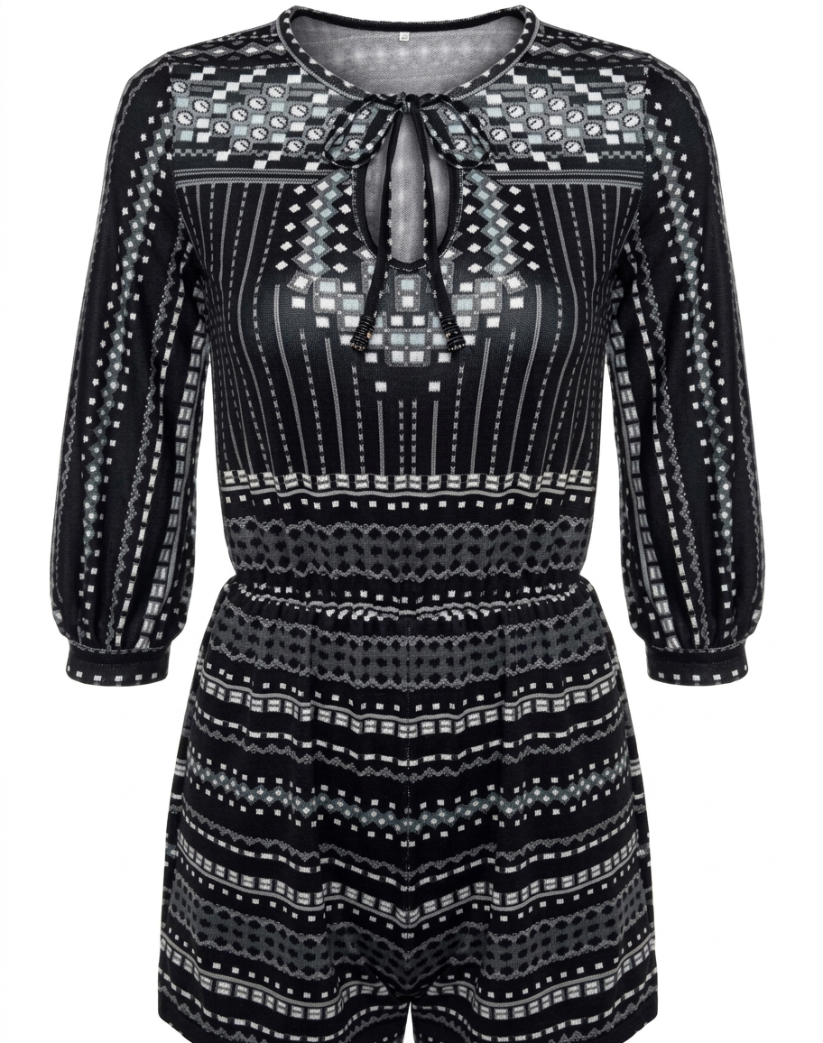 Damen Playsuit aus Polyestermischung | Kurzarm Playsuit mit V-Ausschnitt | Geometrisches Muster für Urlaub und Alltag | Schmid