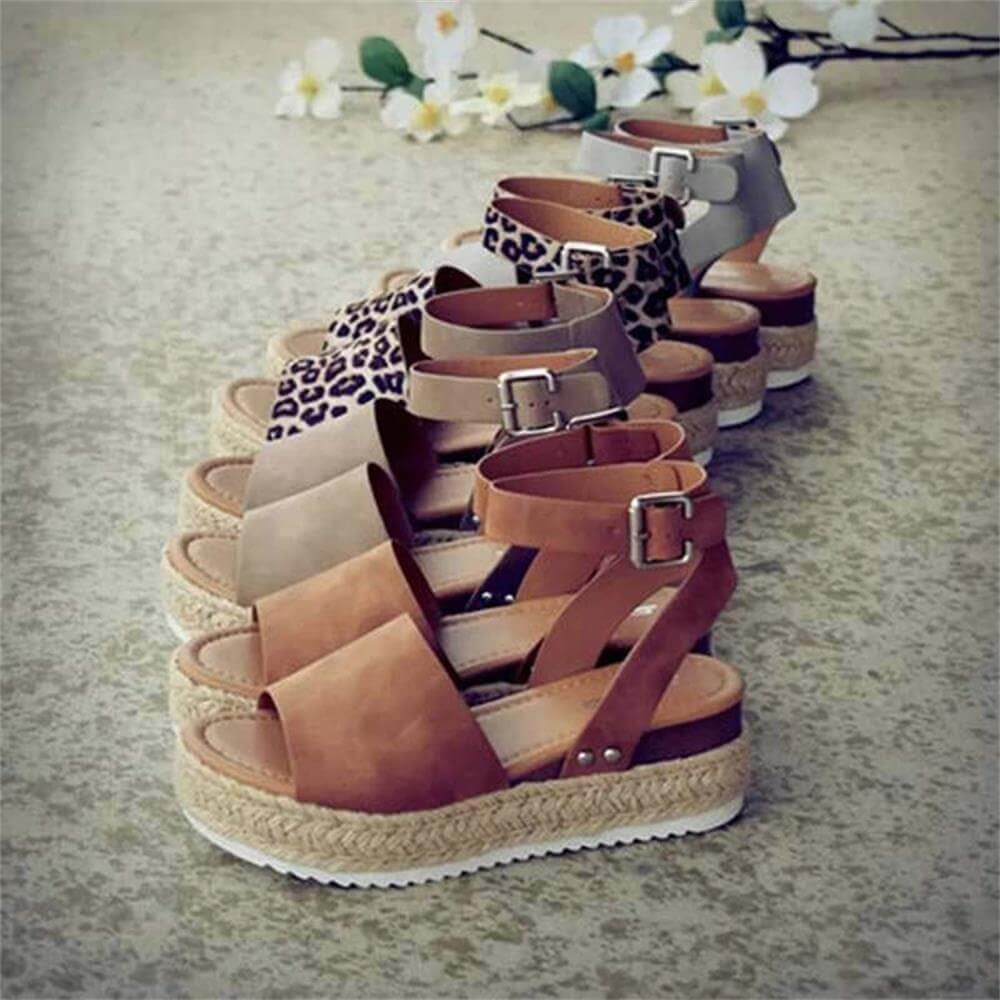 Damen Sommerschuhe Mit Plateau – Sandalen Aus Kunstvelours Mit Verstellbaren Knöchelriemen