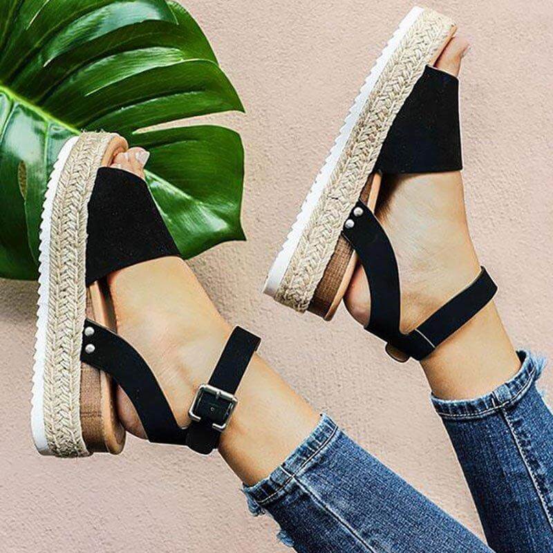 Damen Sommerschuhe Mit Plateau – Sandalen Aus Kunstvelours Mit Verstellbaren Knöchelriemen
