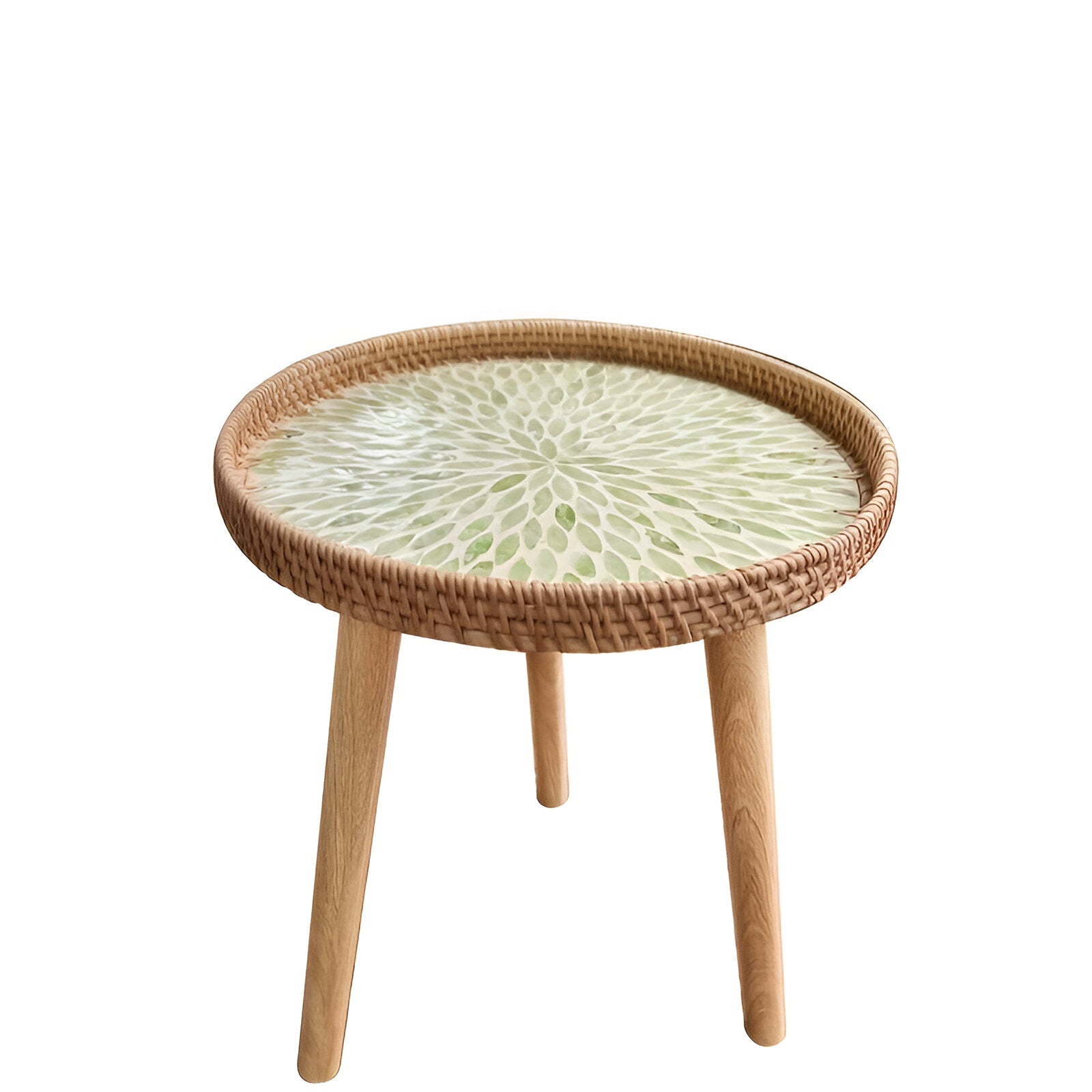 Scandi | Table Basse Ronde En Rotin Fait Main Avec Plateau En Bois