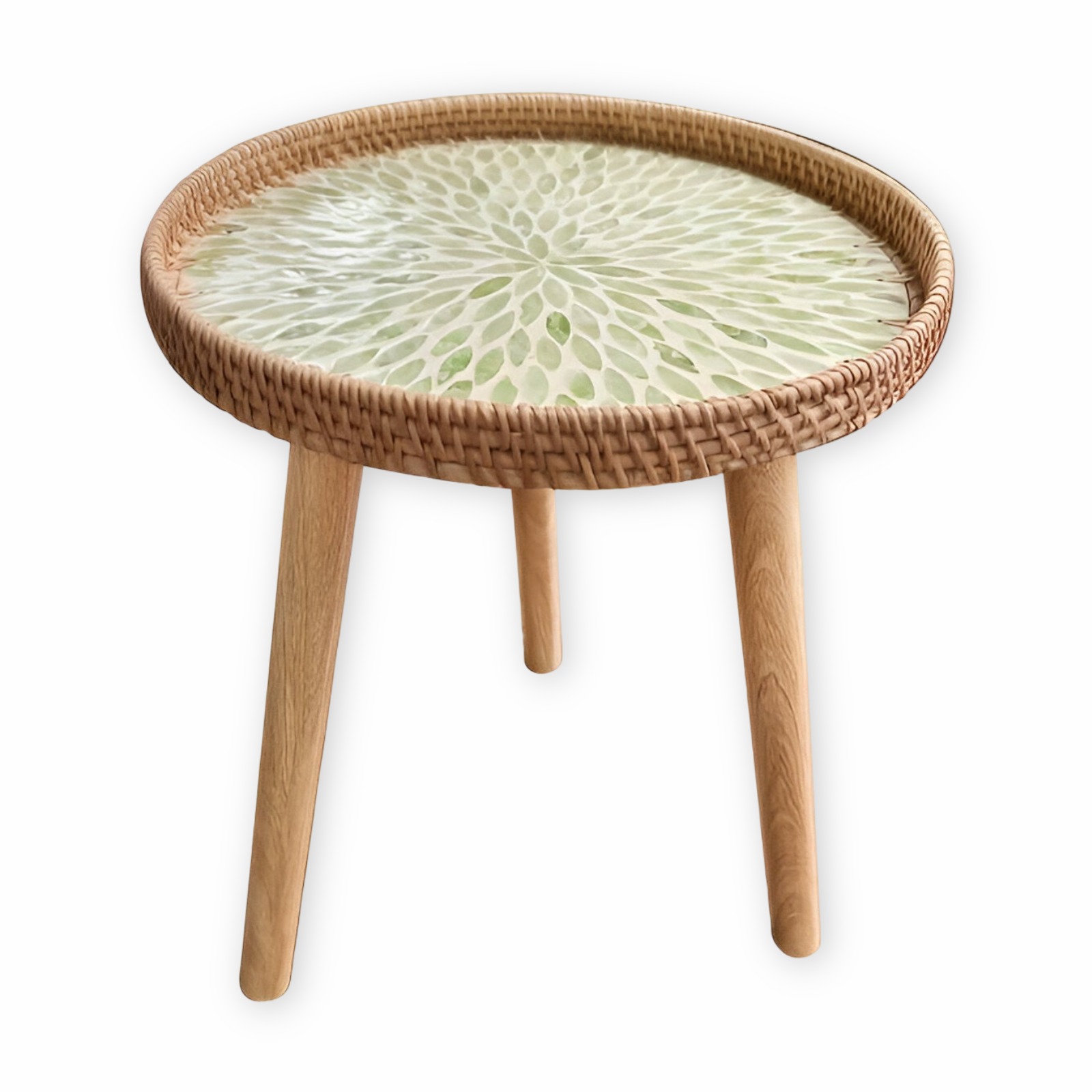 Scandi | Table Basse Ronde En Rotin Fait Main Avec Plateau En Bois