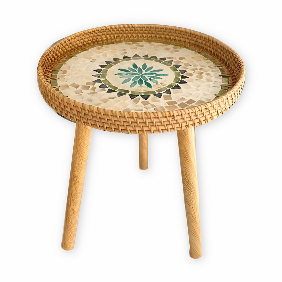 Scandi | Table Basse Ronde En Rotin Fait Main Avec Plateau En Bois