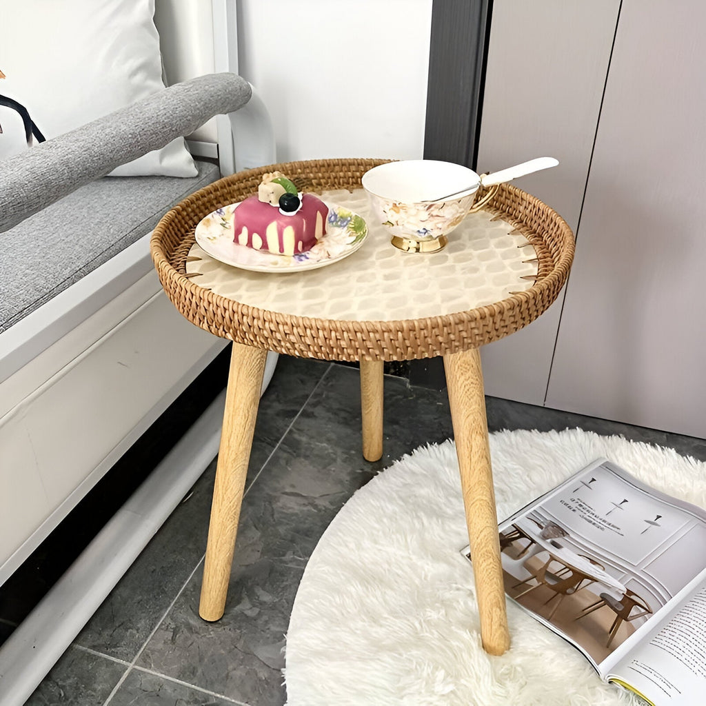 Scandi | Table Basse Ronde En Rotin Fait Main Avec Plateau En Bois