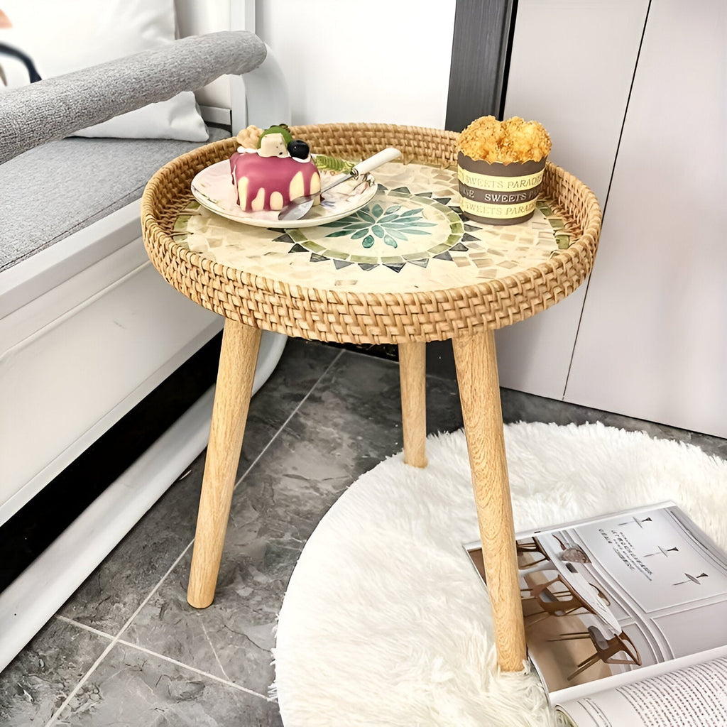 Scandi | Table Basse Ronde En Rotin Fait Main Avec Plateau En Bois