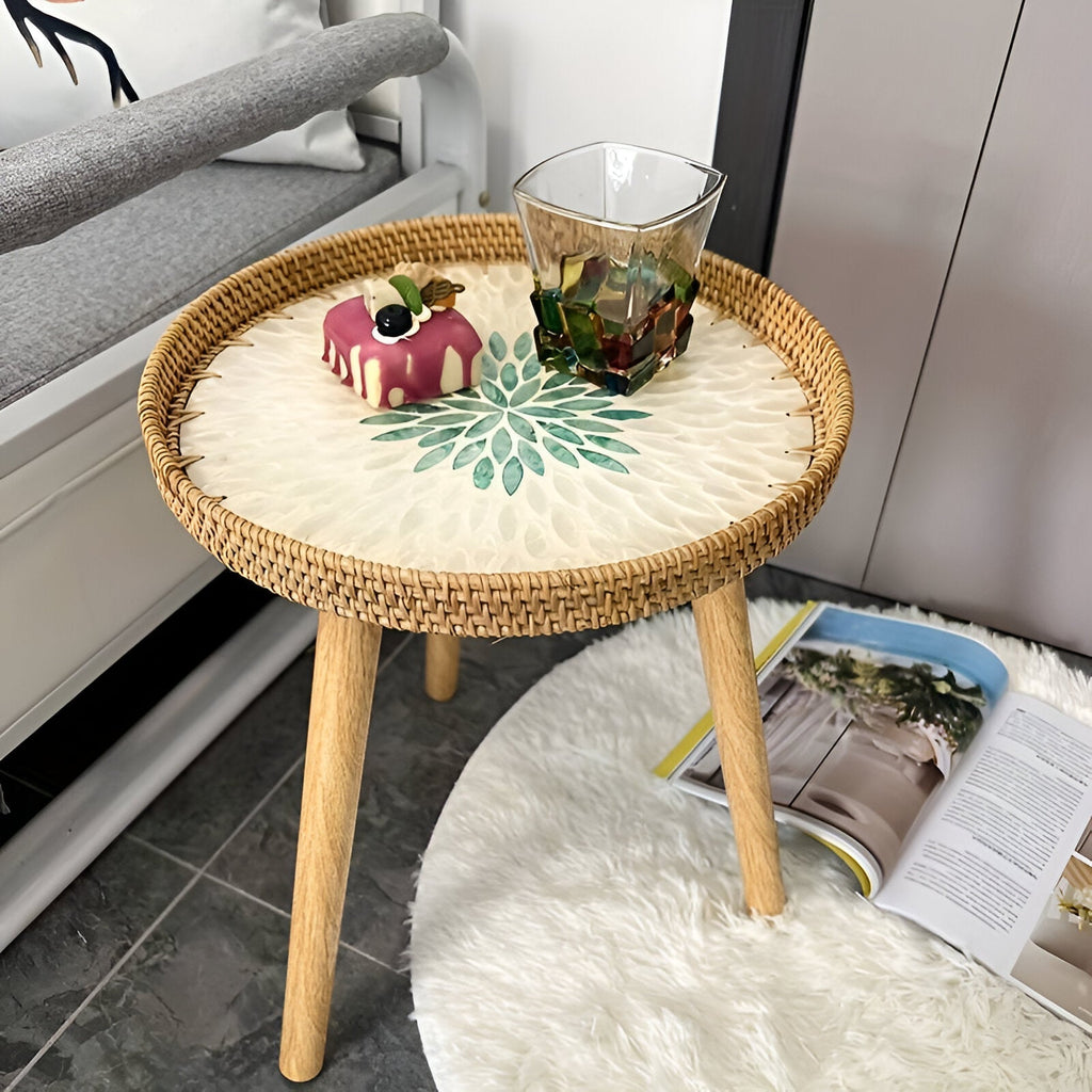 Scandi | Table Basse Ronde En Rotin Fait Main Avec Plateau En Bois