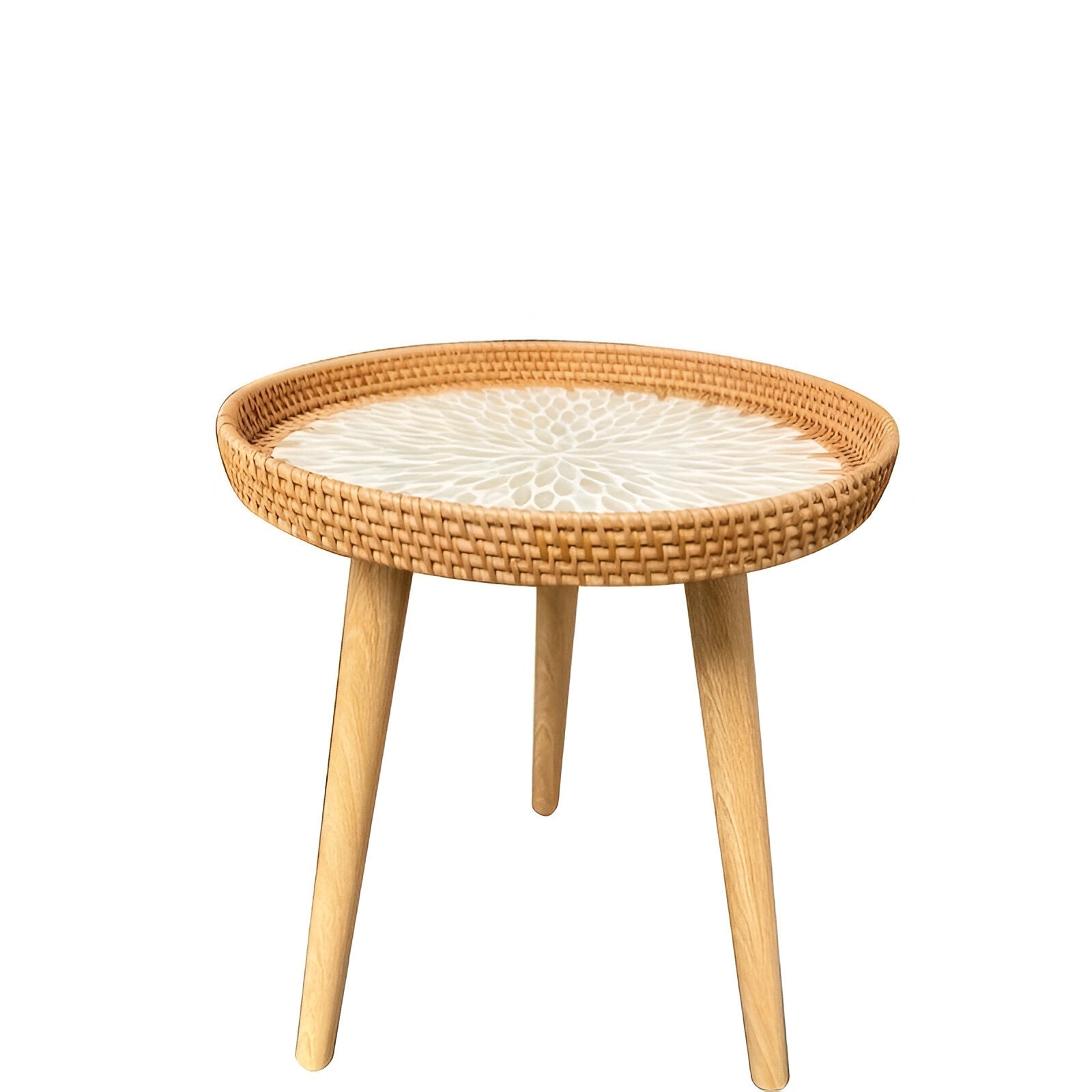Scandi | Table Basse Ronde En Rotin Fait Main Avec Plateau En Bois