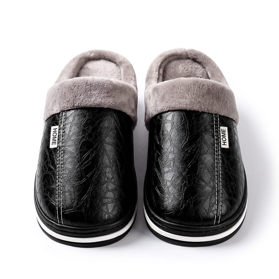 Gefütterte PU-Leder Hausschuhe | Synthetisches Kunstfell & Grip-Sohle | Slip-On Schuhe für Erwachsene & Kinder | Schmid